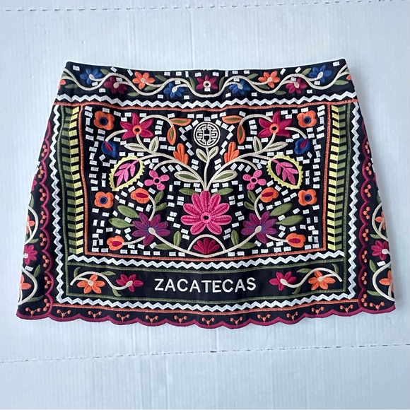 Boho Embroidered Mini Skirt – Black Floral Ethnic Women’s‎ XL State of Zacatecas - Picture 1 of 10